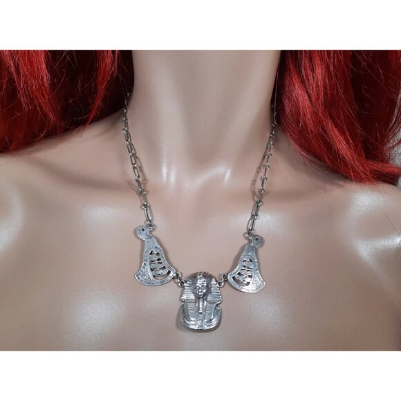 Vintage Egyptian Revival 800 Silver Statement Necklace Pharoah King Tut Art Deco - Picture 13 of 13